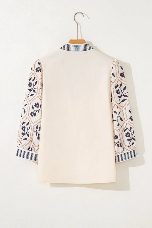 DLLS372- Ladies White Floral Puff Sleeve Contrast V Neck Patchwork Blouse