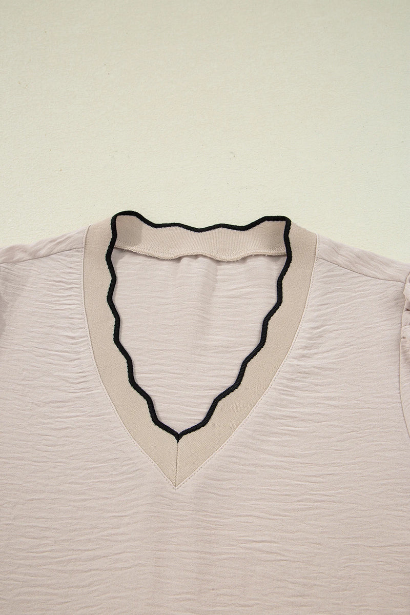 Load image into Gallery viewer, DLLS171 - Ladies Jet Stream Contrast Scallop Trim V Neck Long Sleeve Blouse
