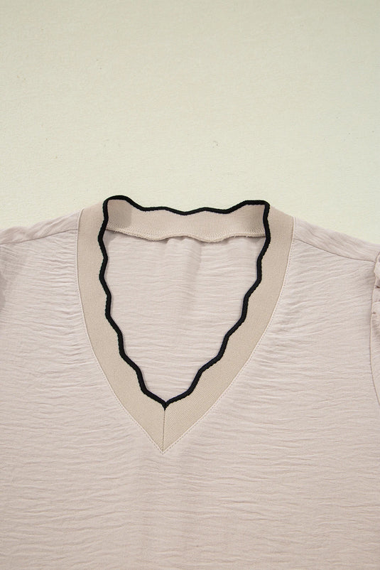 DLLS171 - Ladies Jet Stream Contrast Scallop Trim V Neck Long Sleeve Blouse