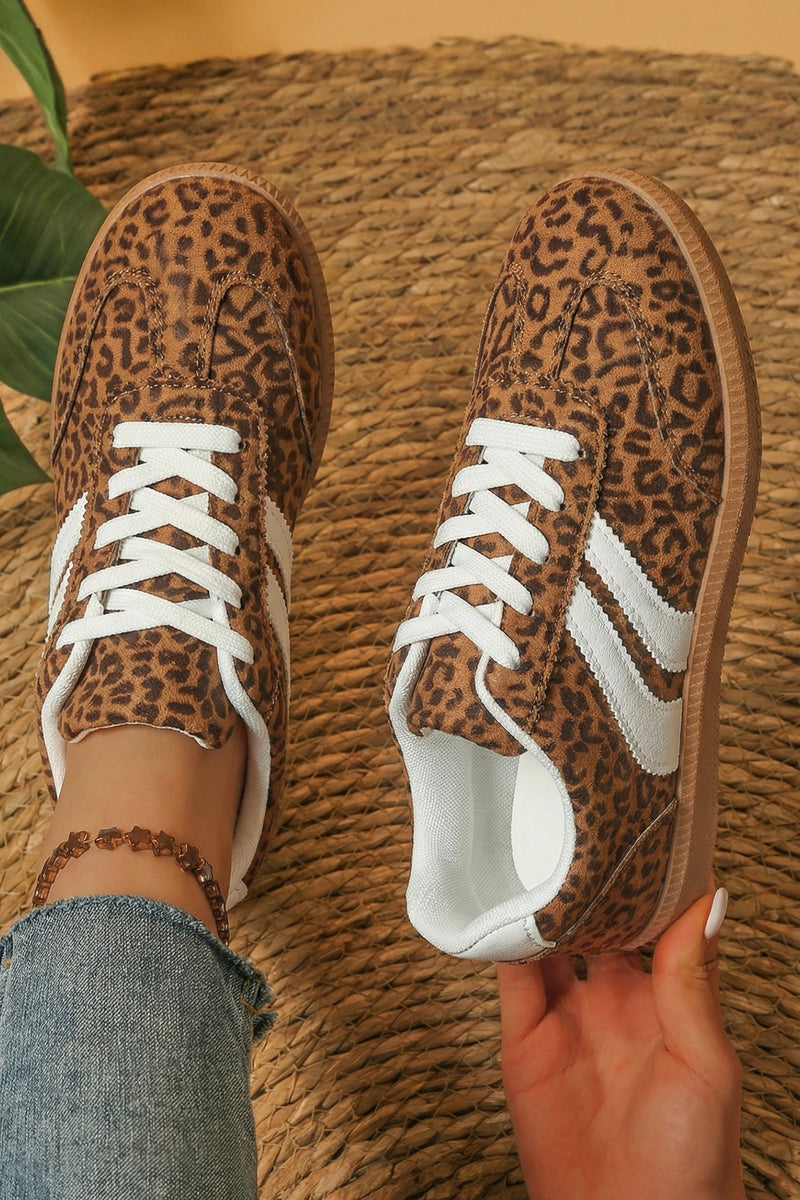 Load image into Gallery viewer, DLLSHOE 7 - Coffee PU Leather Detail Shimmer Leopard Printed Lace-up Sneakers
