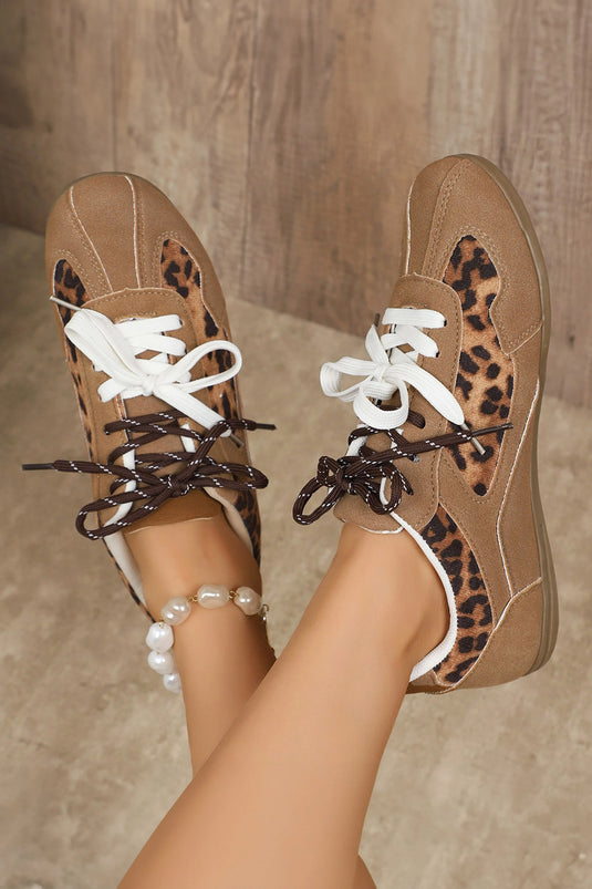 DLLSHOE 168 - Thai Curry Lace-Up PU Leather Leopard Print Casual Flat Shoes