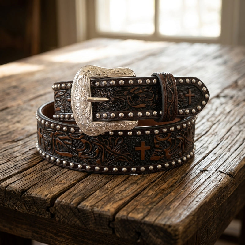 Load image into Gallery viewer, 2732 - Men's Chocolate Belt With Floral &amp; Cross Tooling and Nailheads
