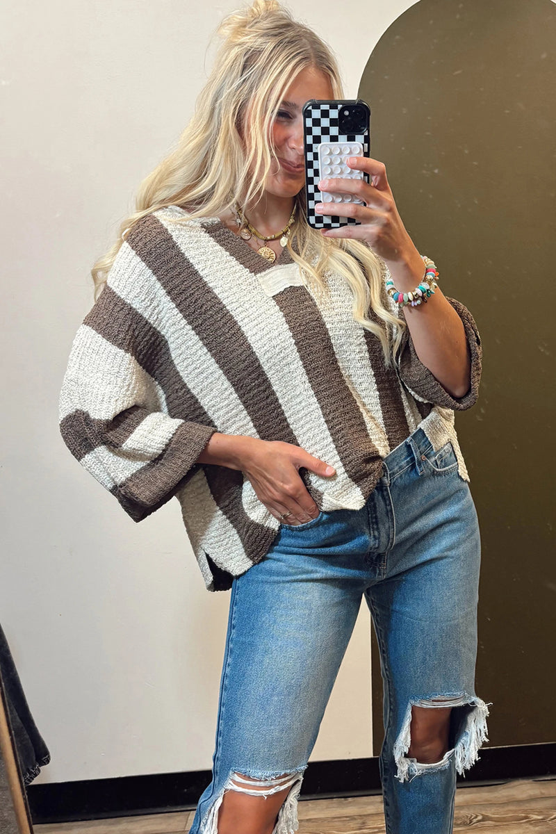Load image into Gallery viewer, DLLS410 - Ladies Brown Stripe Colorblock V Neck Bracelet Sleeve Sweater
