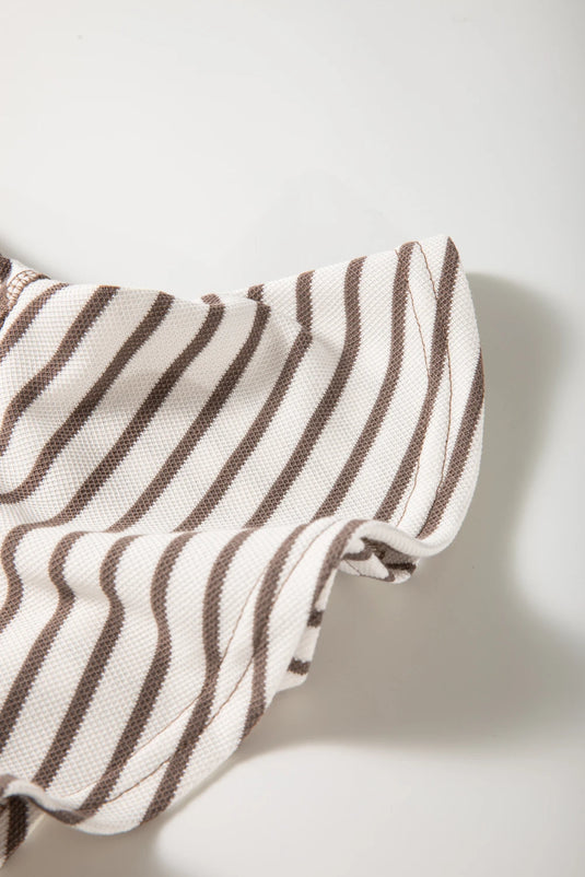 DLLS496 - Ladies Parchment Contrast Detail Striped Ruffle Short Sleeve Top