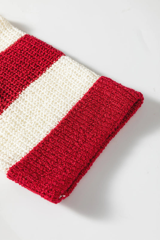 DLLS414 - Ladies Red Stripe Colorblock V Neck Bracelet Sleeve Sweater