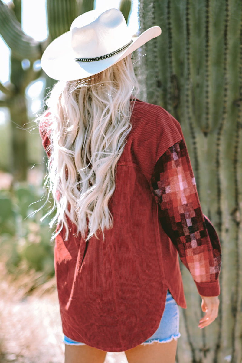 Load image into Gallery viewer, DLLS109 - Ladies Gold Flame Checker Patchwork Raw Edge Oversized Corduroy Jacket
