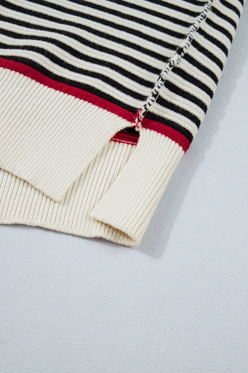 Load image into Gallery viewer, DLLS1082 - Ladies Black Stripe Ribbed Trim Drop Shoulder Oversized Sweater
