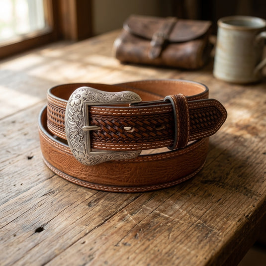 2778 - Men's Tan/Copper Belt W/ Double Stitched Border & Window Inlay
