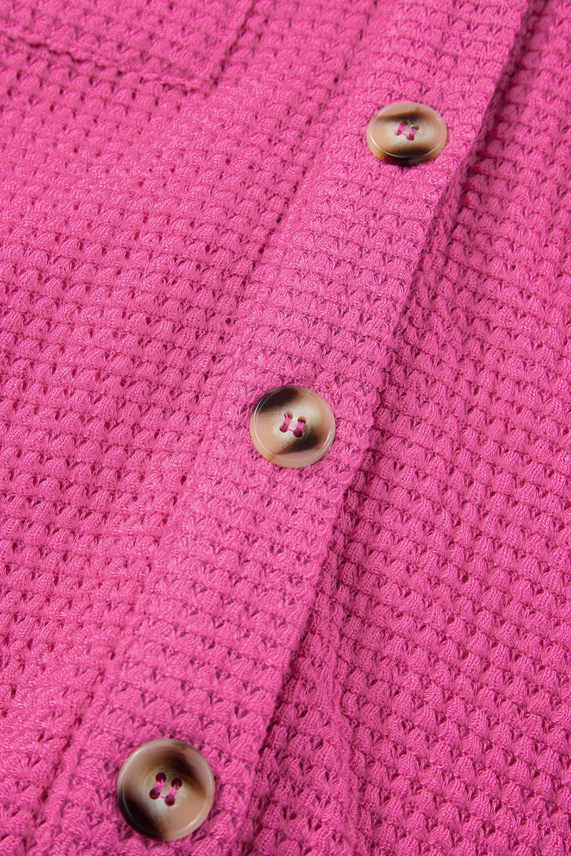 Load image into Gallery viewer, DLLS545 - Ladies Bright Pink Waffle Textured Knit Button Down Short Sleeve Shacket
