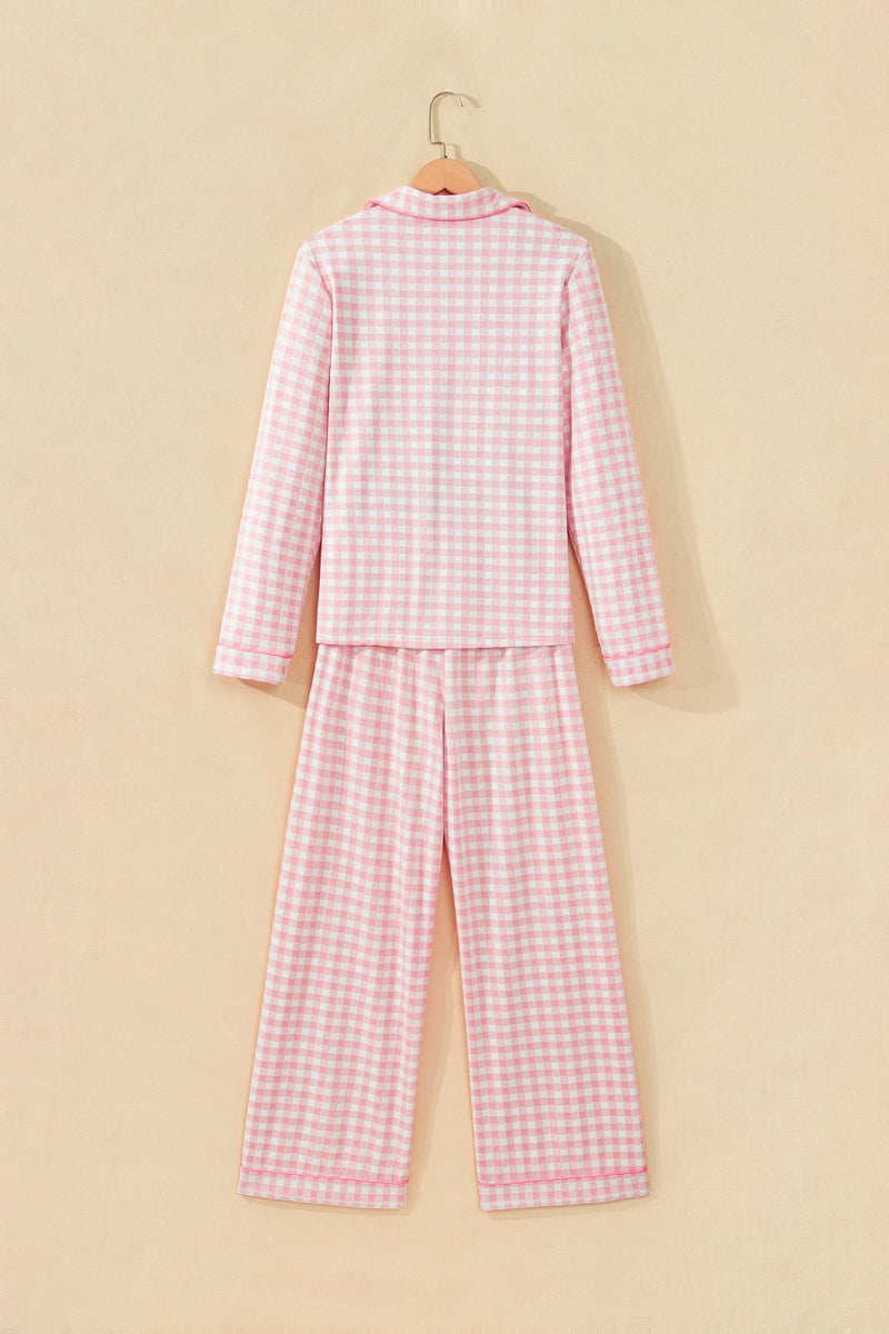 Load image into Gallery viewer, DLLS1111 - Ladies Pink Gingham Long Sleeve Lapel Shirt 2pcs Pajama Pant Set
