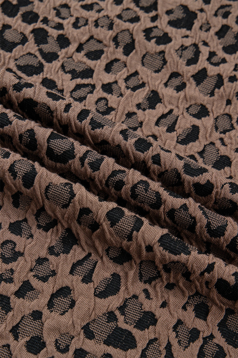 Load image into Gallery viewer, DLLS944 - Ladies Brown Leopard Jacquard Striped Patchwork Half Zip Short Sleeve Blouse
