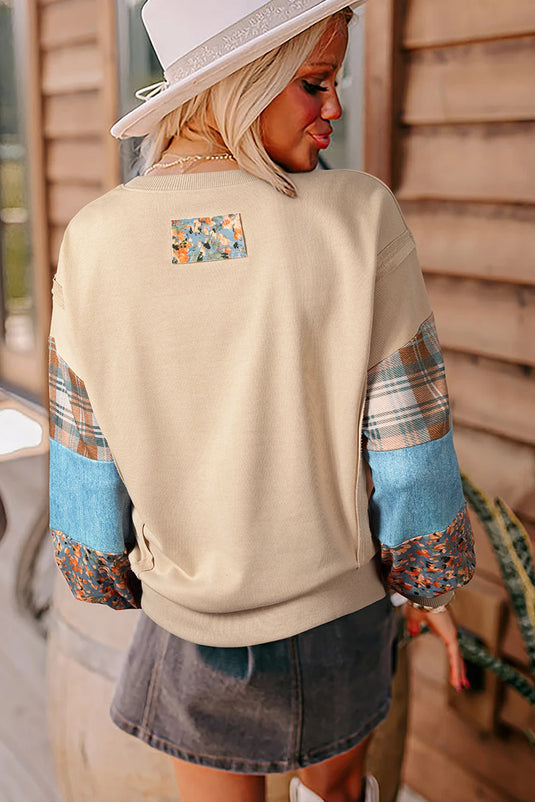 DLLS918 - Ladies Smoke Gray Plaid Colorblock Patchwork Sleeve Raw Seam Sweatshirt
