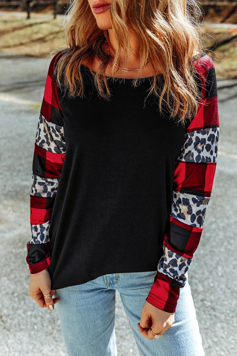 Load image into Gallery viewer, DLLS277 - Ladies Black Off Shoulder Plaid&amp;Leopard Print Long Sleeve Top
