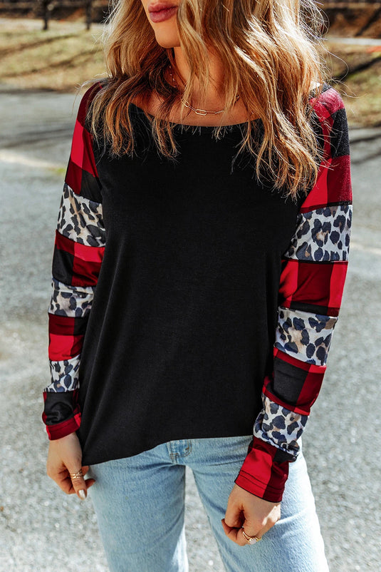DLLS277 - Ladies Black Off Shoulder Plaid&Leopard Print Long Sleeve Top