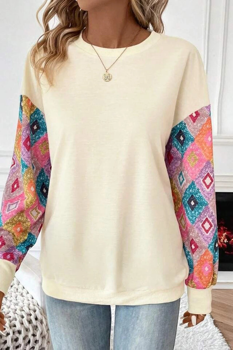 Load image into Gallery viewer, DLLS144 - Ladies Apricot Geometric Printed Patchwork Long Sleeve Round Neck Top
