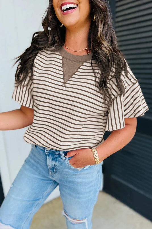 DLLS496 - Ladies Parchment Contrast Detail Striped Ruffle Short Sleeve Top