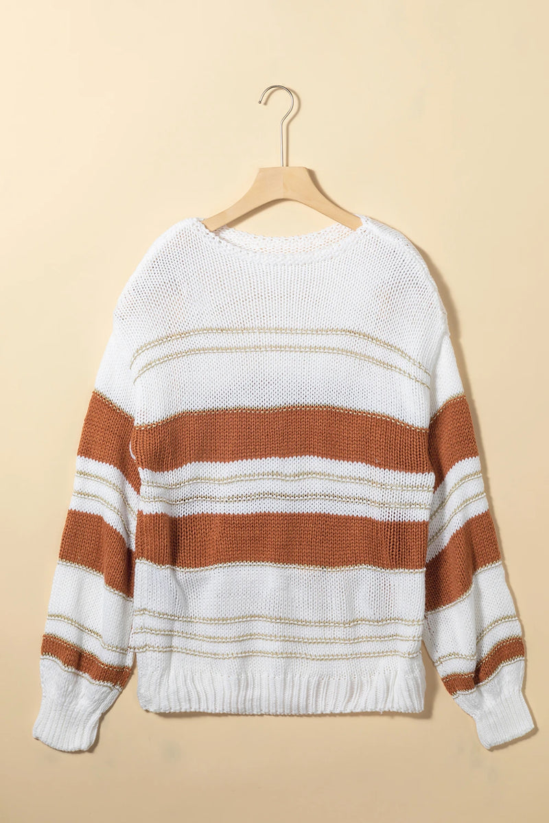 Load image into Gallery viewer, DLLS139 - Ladies White Striped Knit Puff Sleeve Casual Sweater
