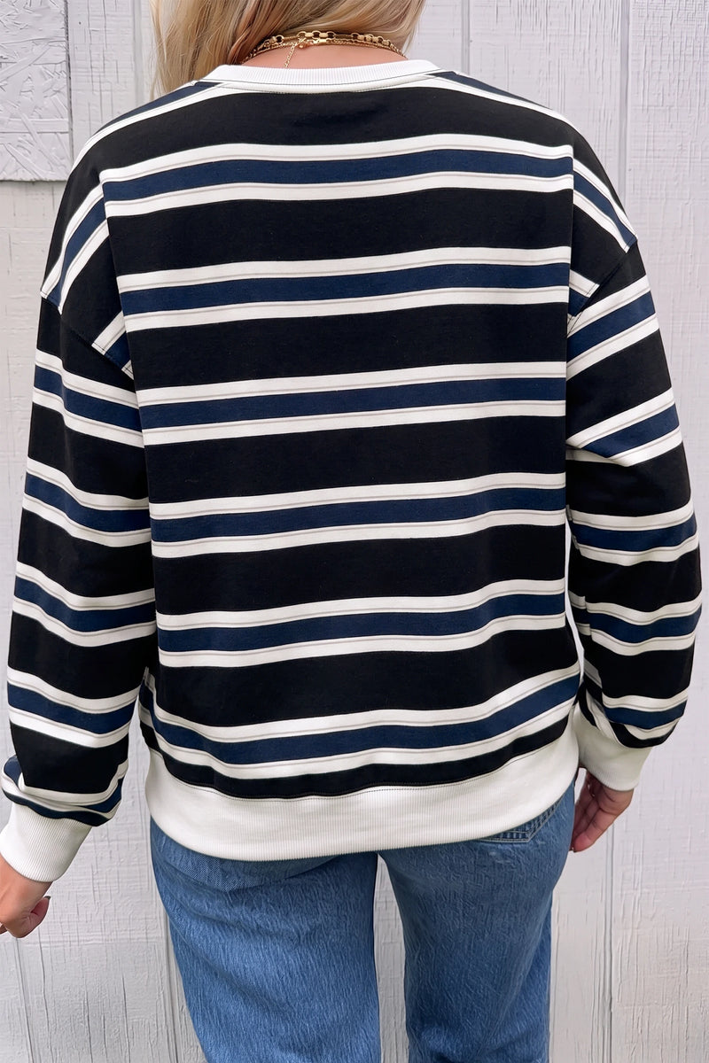 Load image into Gallery viewer, DLLS968 - Ladies Blue Stripe Ribbed Color Block Trim Round Neck Dropped Shoulder Sweatshirt

