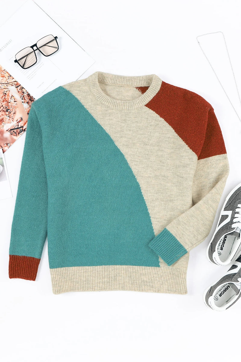 Load image into Gallery viewer, DLLS317 - Ladies Multicolor Colorblock Ribbed Trim Round Neck Sweater
