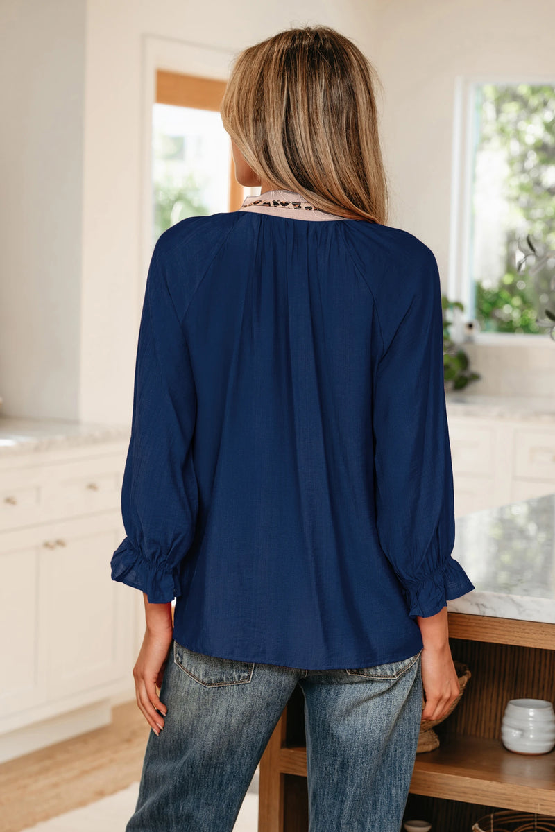 Load image into Gallery viewer, DLLS385- Ladies Blue Leopard Trim V Neck Flounced Bracelet Sleeve Blouse
