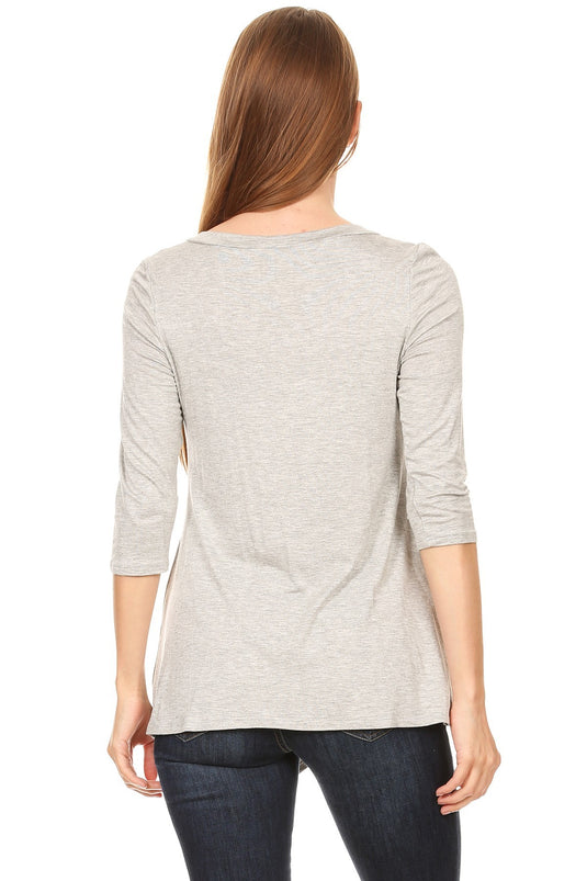 MOATSHT1 - Ladies Heather Gray Solid 3/4 Sleeve Top In A Relaxed Fit