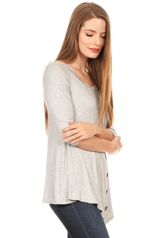 MOATSHT1 - Ladies Heather Gray Solid 3/4 Sleeve Top In A Relaxed Fit