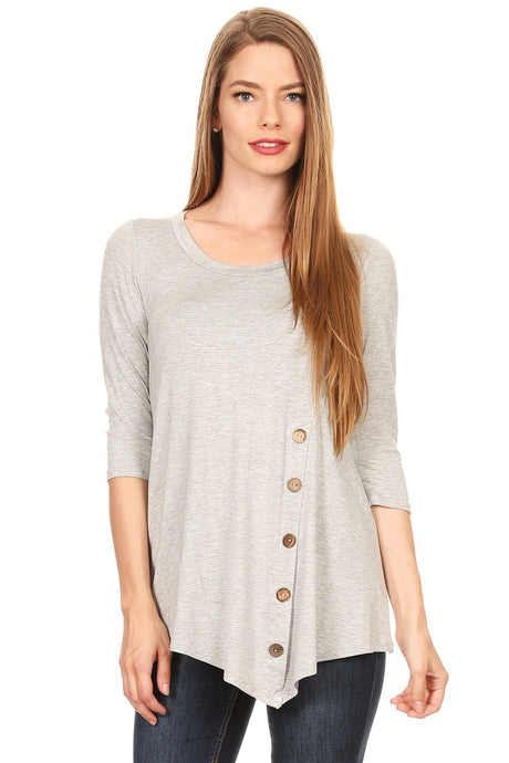 MOATSHT1 - Ladies Heather Gray Solid 3/4 Sleeve Top In A Relaxed Fit