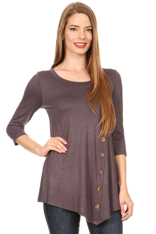 MOATSHT2 - Ladies Charcoal Solid 3/4 Sleeve Top In A Relaxed Fit
