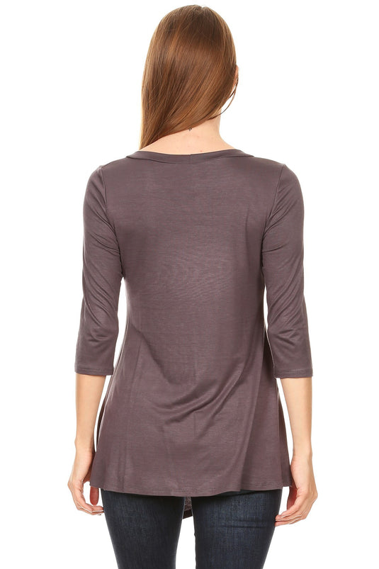 MOATSHT2 - Ladies Charcoal Solid 3/4 Sleeve Top In A Relaxed Fit