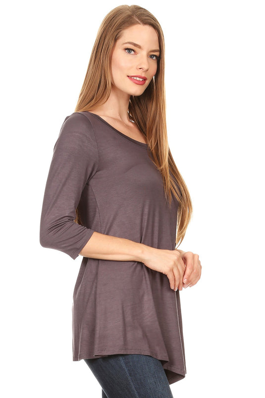 MOATSHT2 - Ladies Charcoal Solid 3/4 Sleeve Top In A Relaxed Fit