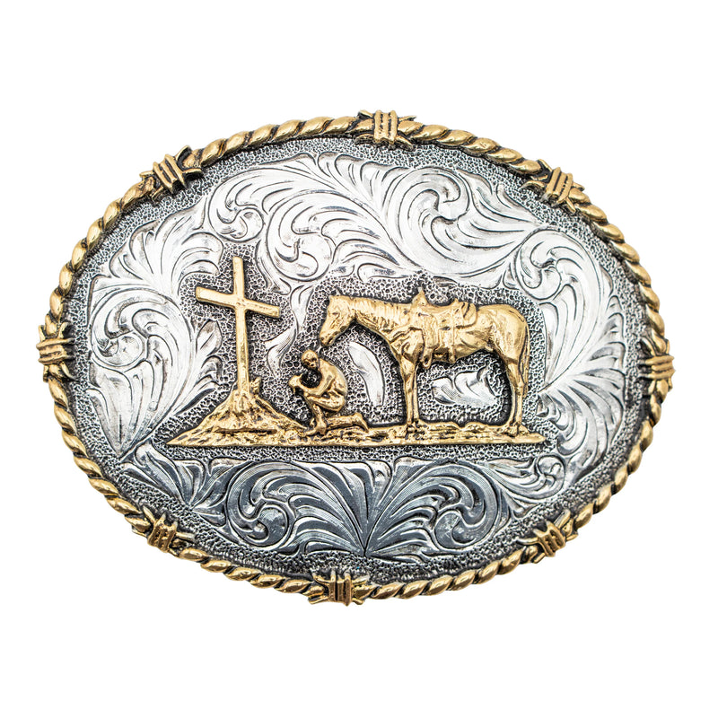 Load image into Gallery viewer, 762 - Oval Praying Cowboy with Barbed Wire and Rope Edge Buckle
