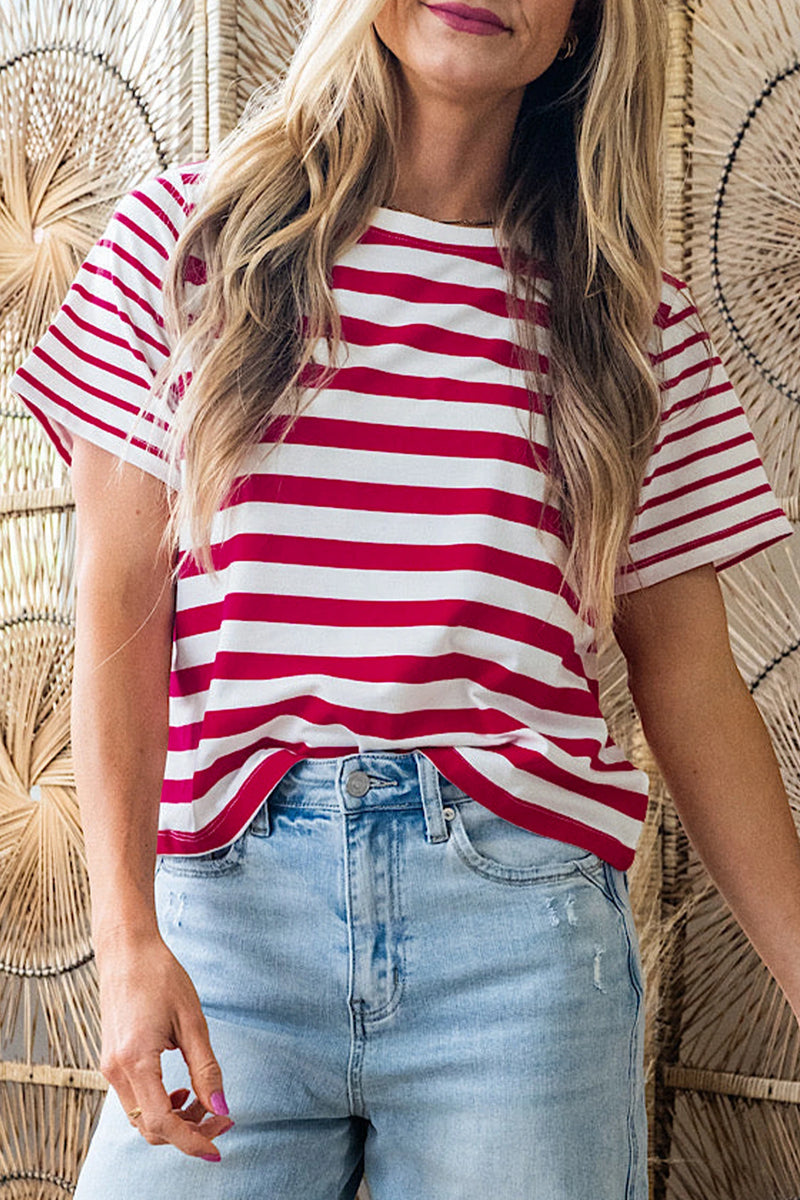 Load image into Gallery viewer, DLLS530 - Ladies Red Stripe Patchwork Round Neck T Shirt
