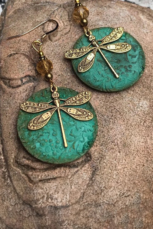 DLLER 15 - Dark Green Retro Dragonfly Hook Drop Earrings