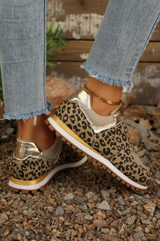 DLLSHOE 143 - Coffee Leopard Faux Suede Mixed Patchwork Lace Up Sneakers