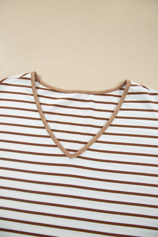 DLLS1030 - Ladies Khaki Stripe V Neck Ruffle Sleeve Top Drawstring Pants 2pcs Set