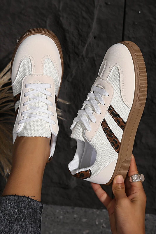 DLLSHOE 28 - White Textured Woven PU Leather Leopard Patchwork Flat Sneakers