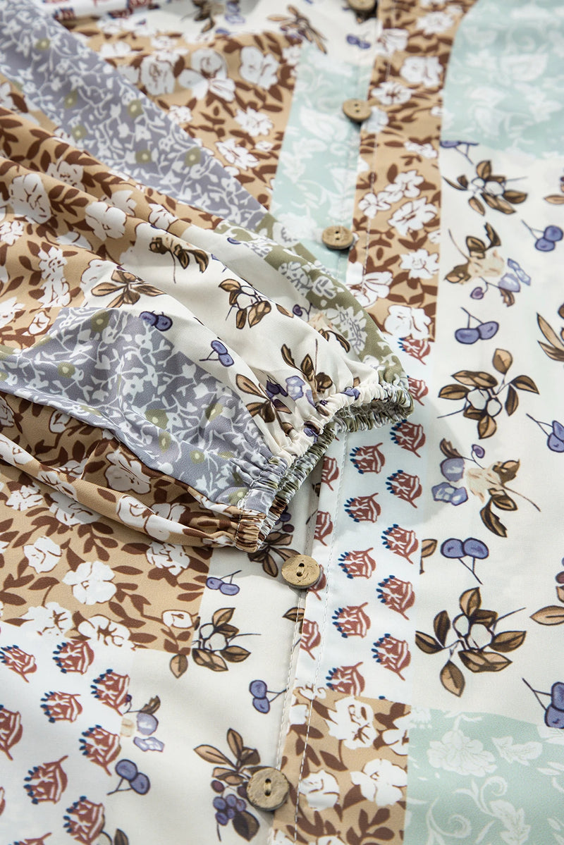 Load image into Gallery viewer, DLLS415 - Ladies Multicolor Floral Patchwork Print Long Puff Sleeve Shirt

