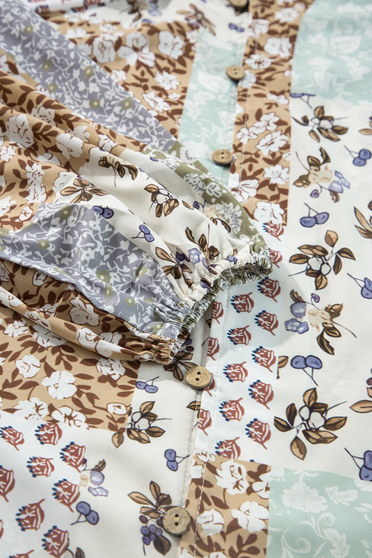 DLLS415 - Ladies Multicolor Floral Patchwork Print Long Puff Sleeve Shirt