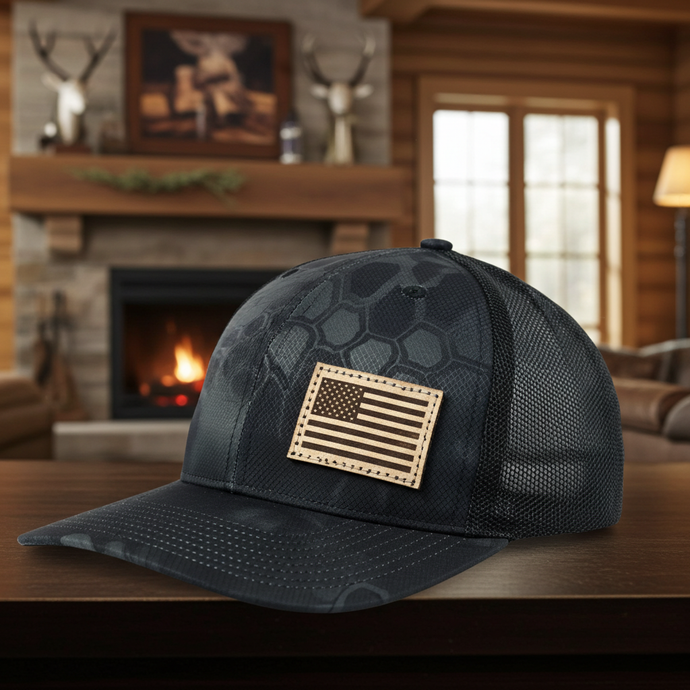 SA116 - Southern Addiction Kryptek Typhoon/Black Light Leather American Flag Patch Cap