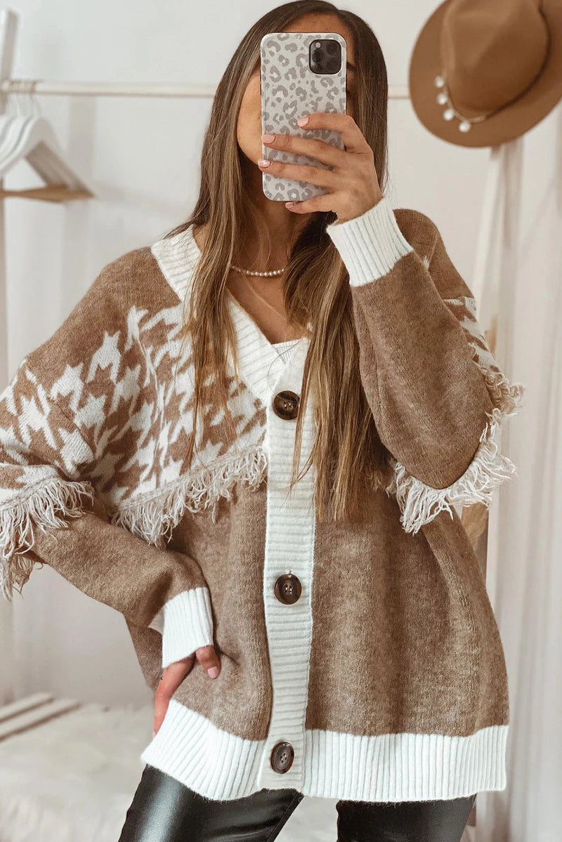 Load image into Gallery viewer, DLLS254 - Ladies Khaki Houndstooth Color Block V Neck Raw Edge Button Front Cardigan
