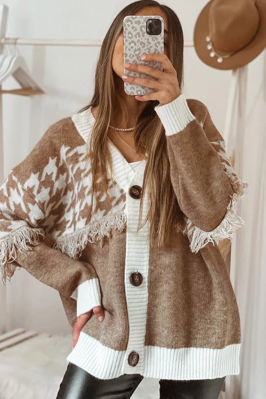 DLLS254 - Ladies Khaki Houndstooth Color Block V Neck Raw Edge Button Front Cardigan