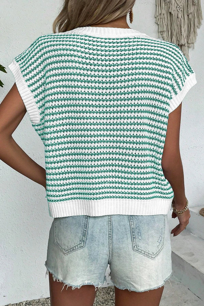 Load image into Gallery viewer, DLLS509 - Ladies Green Stripe Ribbed Trim Loose Fit Knitted Sweater Vest
