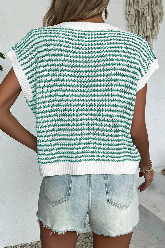 DLLS509 - Ladies Green Stripe Ribbed Trim Loose Fit Knitted Sweater Vest