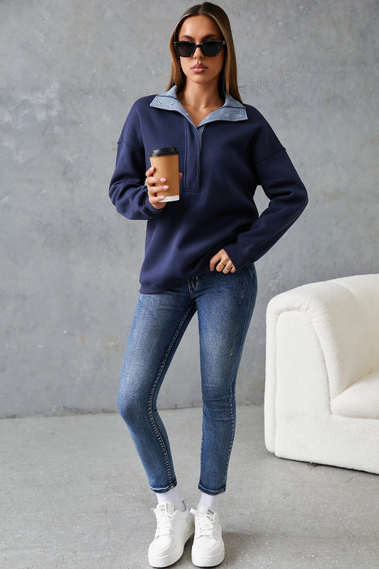 DLLS1120 - Ladies Blue Contrast Textured Placket Metal Button Pullover Sweatshirt