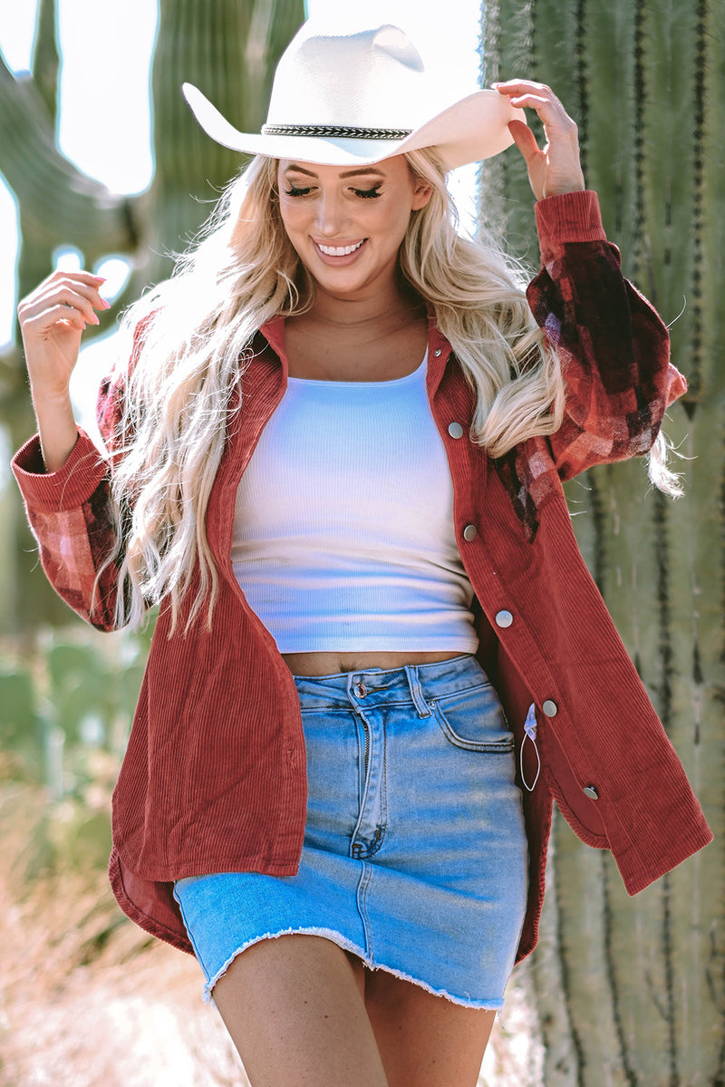 Load image into Gallery viewer, DLLS109 - Ladies Gold Flame Checker Patchwork Raw Edge Oversized Corduroy Jacket
