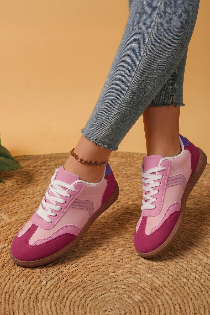 Load image into Gallery viewer, DLLSHOE 176 - Pink Color Block PU Leather Lace-Up Rubber Sole Flat Shoes

