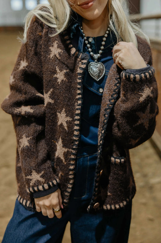 DLLS724 - Ladies Brown Stars Pattern Colorblock Long Sleeve Shift Cardigan