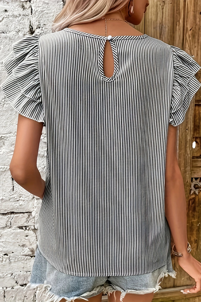 Load image into Gallery viewer, DLLS714 - Ladies Black Stripe Striped Ruffle Sleeve Short Sleeve Round Neck Casual Shift Blouse
