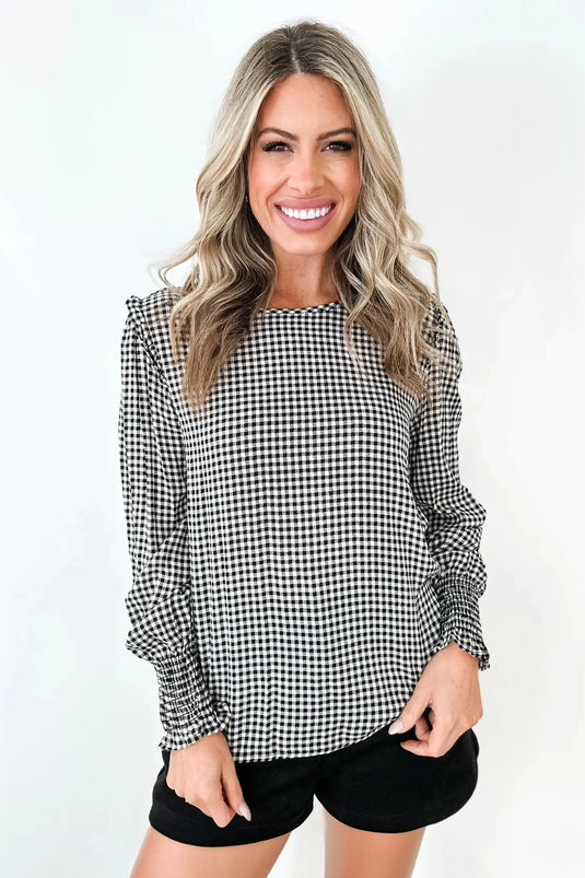 DLLS818 - Ladies Black Plaid Shirred Cuff Long Sleeve Round Neck Blouse