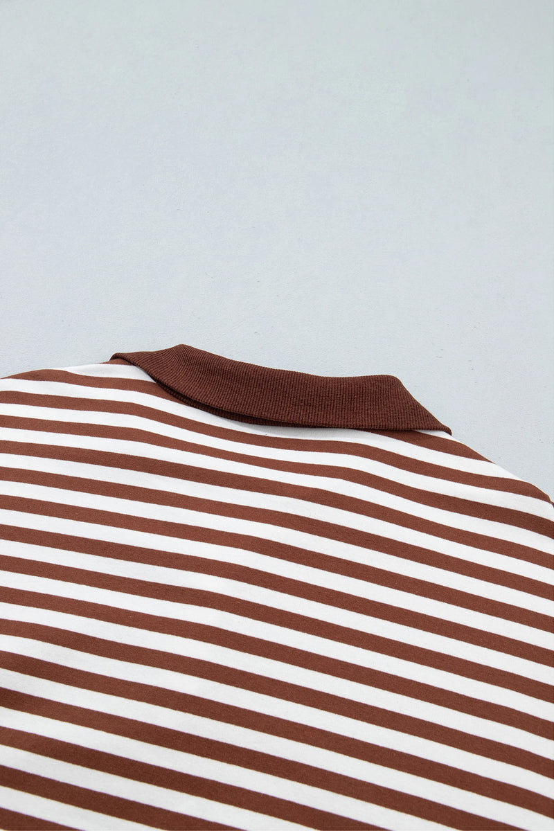 Load image into Gallery viewer, DLLS1087 - Ladies Brown Stripe Color Block Trim Raw Seam Split Hem Loose Pullover Sweatshirt
